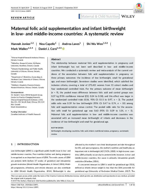(PDF) Maternal folic acid supplementation and infant birthweight in low ...