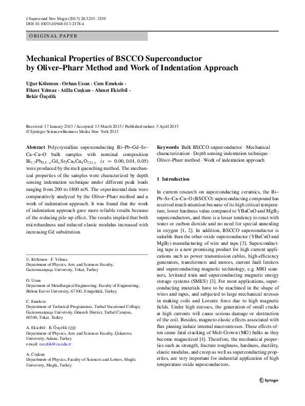 (PDF) Mechanical Properties of BSCCO Superconductor by Oliver–Pharr ...