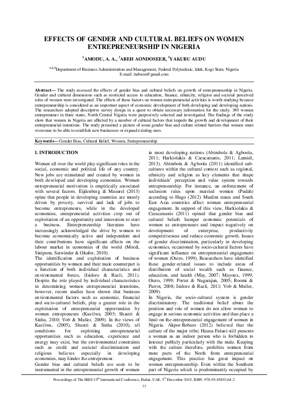 (PDF) Effects of Gender and Cultural Beliefs on Women Entrepreneurship ...