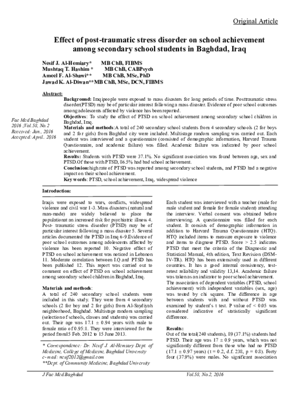 (PDF) Effect of post-traumatic stress disorder on school achievement ...
