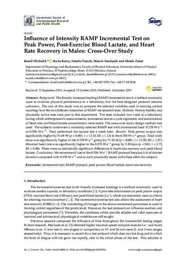 (PDF) Influence of Intensity RAMP Incremental Test on Peak Power, Post ...