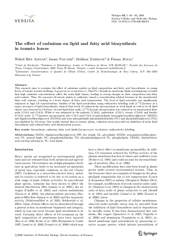 (PDF) The effect of cadmium on lipid and fatty acid biosynthesis in ...