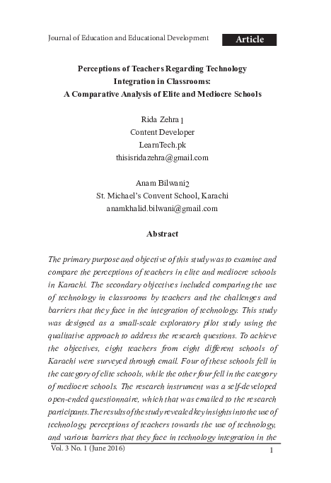 (PDF) Perceptions of Teachers Regarding Technology Integration in ...