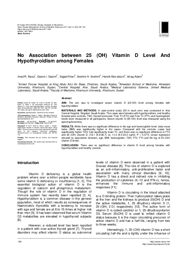 (PDF) No Association between 25 (OH) Vitamin D Level And Hypothyroidism ...