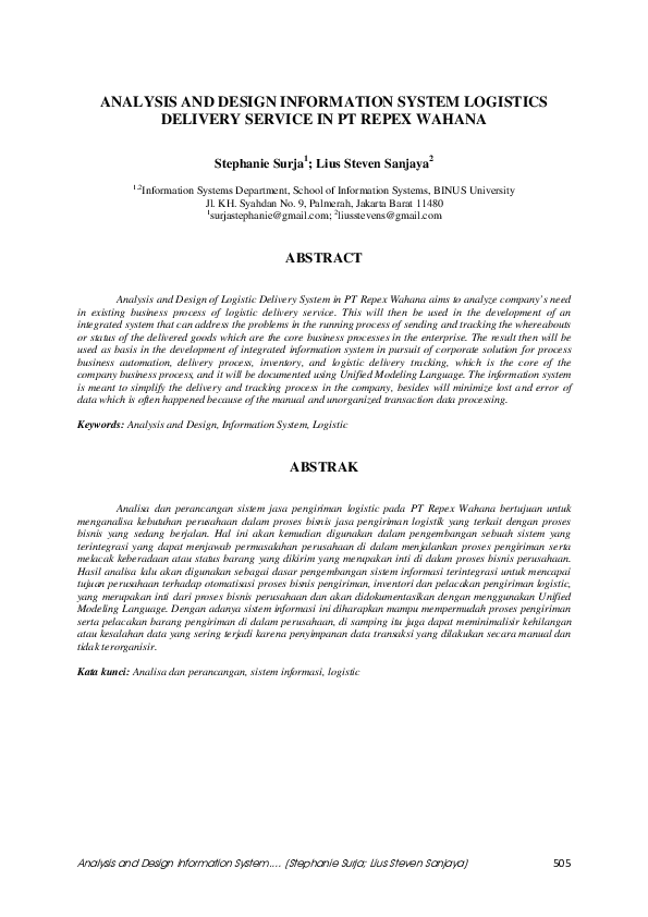 PDF Analysis And Design Information System Logistics Delivery Service 