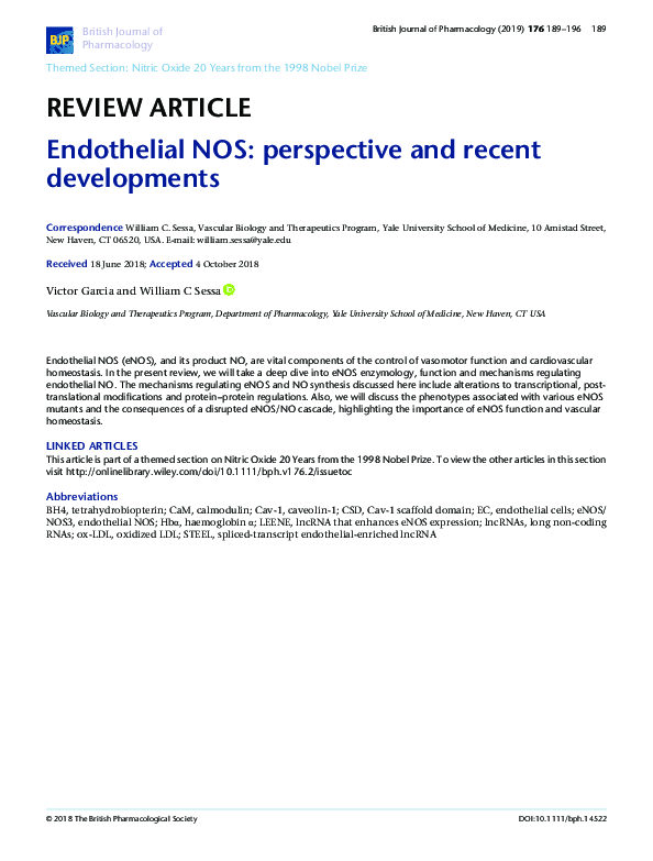 (PDF) Endothelial Nitric Oxide Synthase (eNOS): Perspective and Recent ...