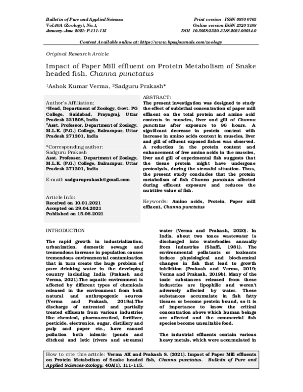 (PDF) Impact of Paper Mill effluent on Protein Metabolism of Snake ...