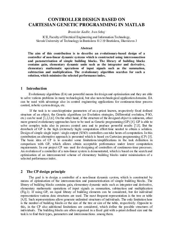 (PDF) Controller Design Based on Cartesian Genetic Programming in Matlab