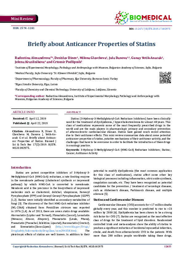 (PDF) Briefly about Anticancer Properties of Statins