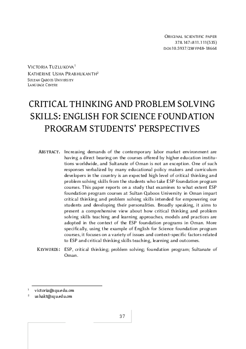 (PDF) Critical thinking and problem solving skills: English for science ...