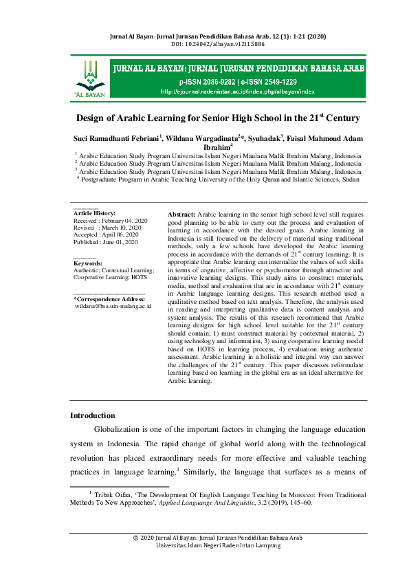 (PDF) Design of Arabic Learning for Senior High School in the 21st Century