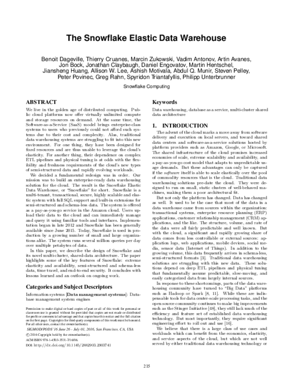 (PDF) The Snowflake Elastic Data Warehouse