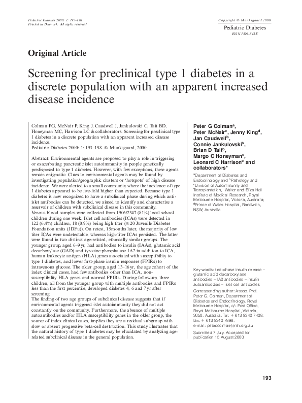 (PDF) Screening for preclinical type 1 diabetes in a discrete ...