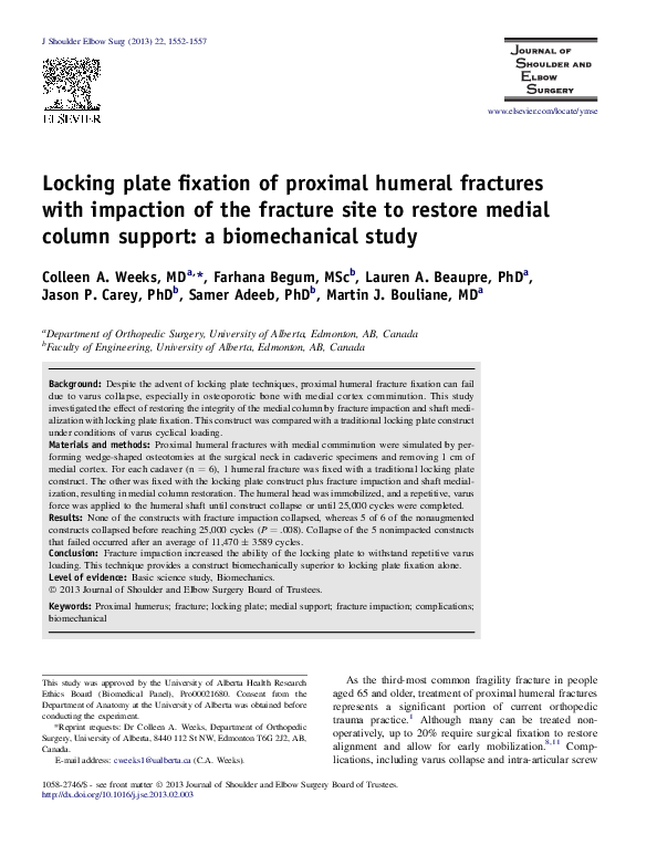 (PDF) Locking plate fixation of proximal humeral fractures with ...
