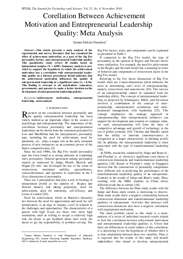(PDF) Corellation Between Achievement Motivation and Entrepreneurial ...
