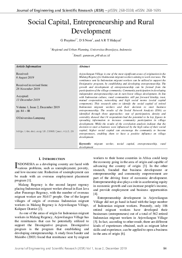 (PDF) Social Capital, Entrepreneurship and Rural Development