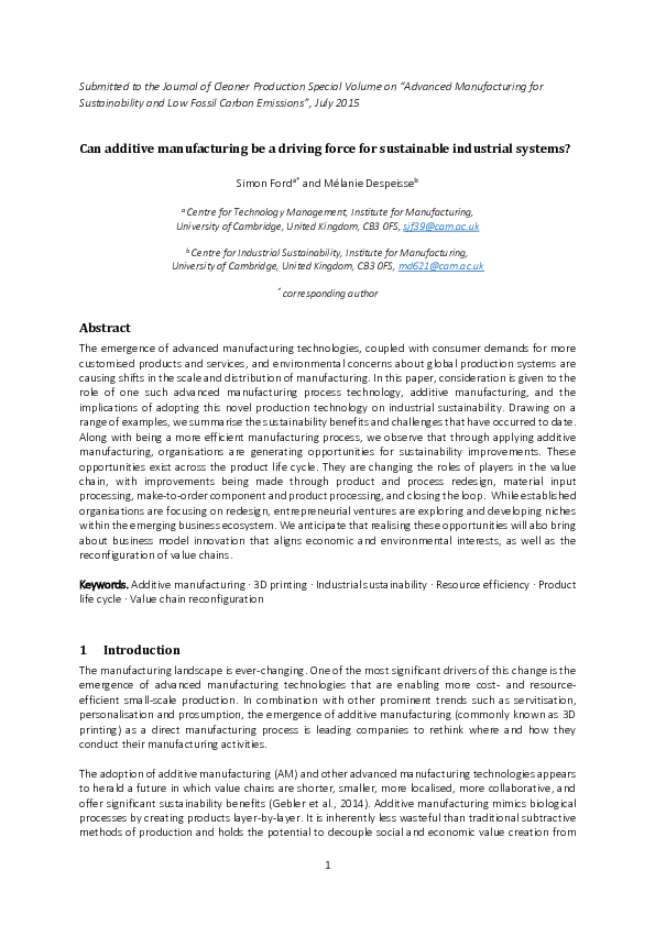 (PDF) Can additive manufacturing be a driving force for sustainable ...