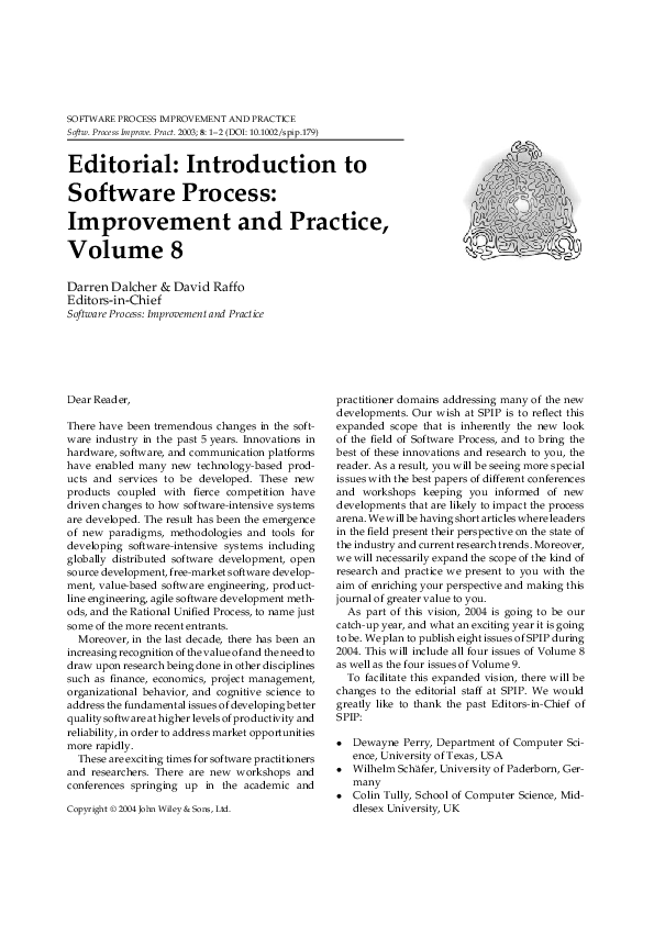 (PDF) Introduction to software process: improvement and practice, volume 8