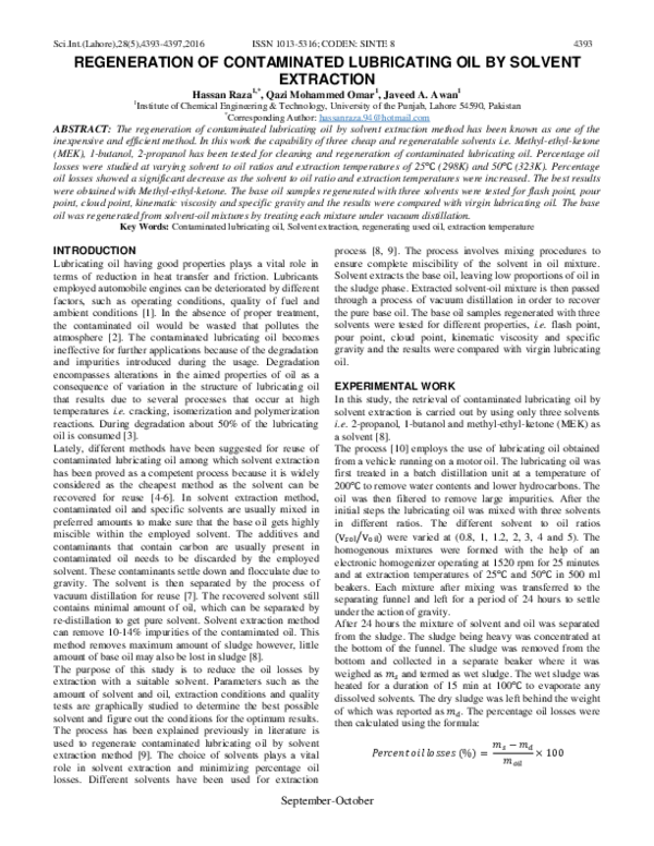 (PDF) Regeneration of Contaminated Lubricating Oil by Solvent Extraction