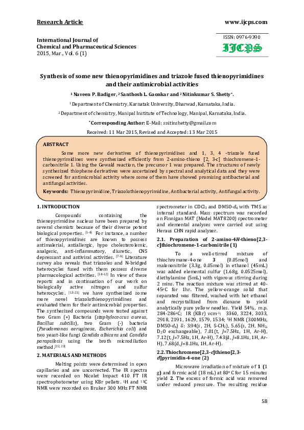 (PDF) Synthesis of some new thienopyrimidines and triazole fused ...