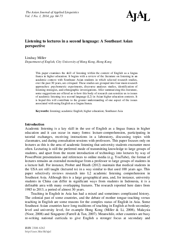 (PDF) Academic Listening in a Second Language Context: An Asian Perspective
