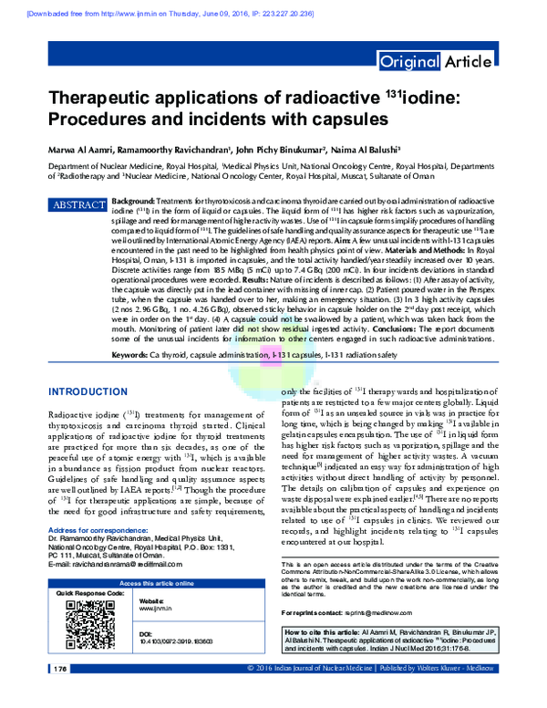 (PDF) Therapeutic applications of radioactive 131 iodine: Procedures ...