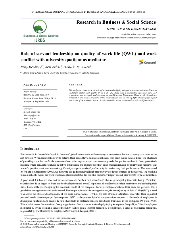 (PDF) Role of servant leadership on quality of work life (QWL) and work ...
