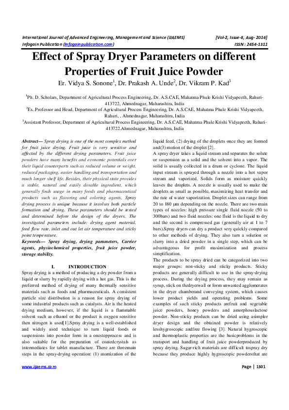 (PDF) Effect of Spray Dryer Parameters on different Properties of Fruit