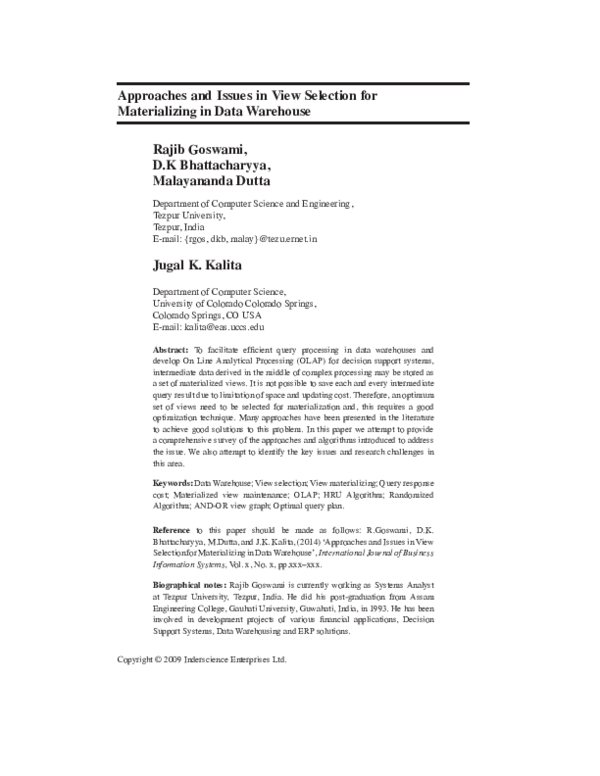 (PDF) Approaches and issues in view selection for materialising in data ...