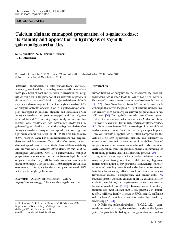 (PDF) Calcium alginate entrapped preparation of α-galactosidase: its ...
