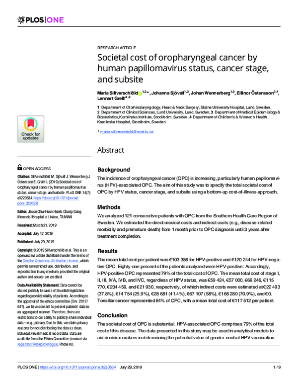 (PDF) Societal cost of oropharyngeal cancer by human papillomavirus ...