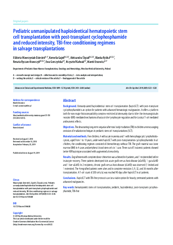 (PDF) Pediatric unmanipulated haploidentical hematopoietic stem cell ...