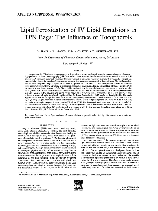 (PDF) Lipid peroxidation of i.v. lipid emulsions in TPN bags the