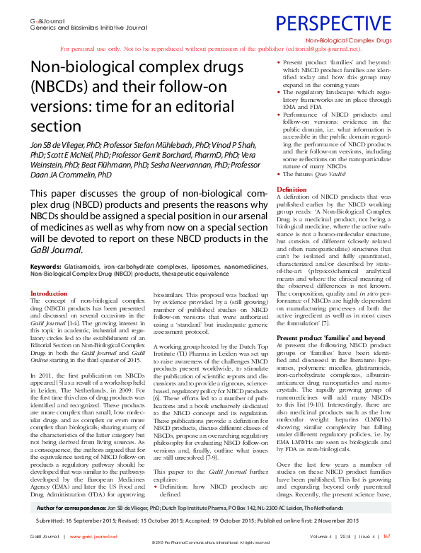 (PDF) Non-biological complex drugs (NBCDs) and their follow-on versions ...