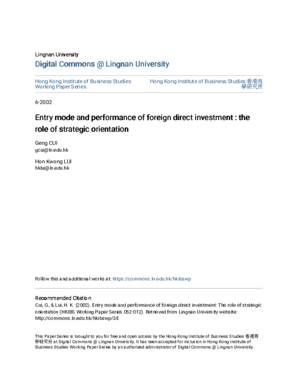 (PDF) Entry mode and performance of foreign direct investment : the ...