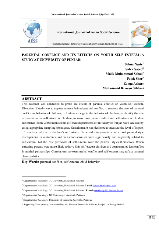 (PDF) Parental Conflict and its Effects on Youth Self Esteem (A Study ...