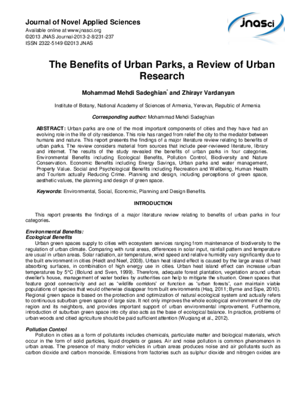 (PDF) The Benefits of Urban Parks , a Review of Urban Research
