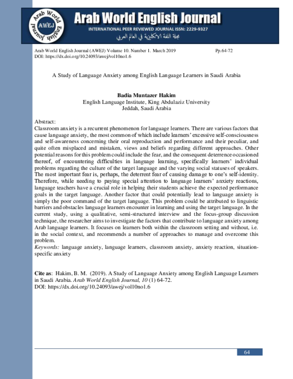 (PDF) A Study of Language Anxiety among English Language Learners in ...