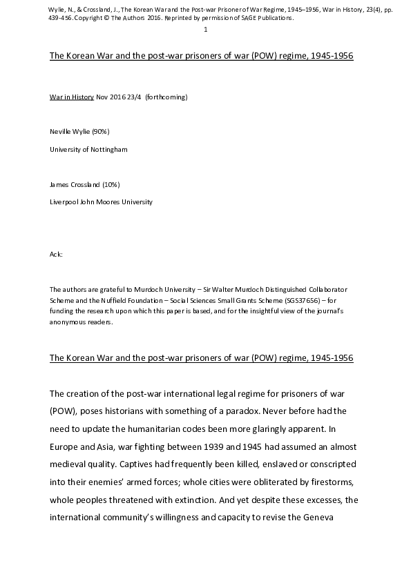 (PDF) The Korean War and the Post-war Prisoner of War Regime, 1945–1956