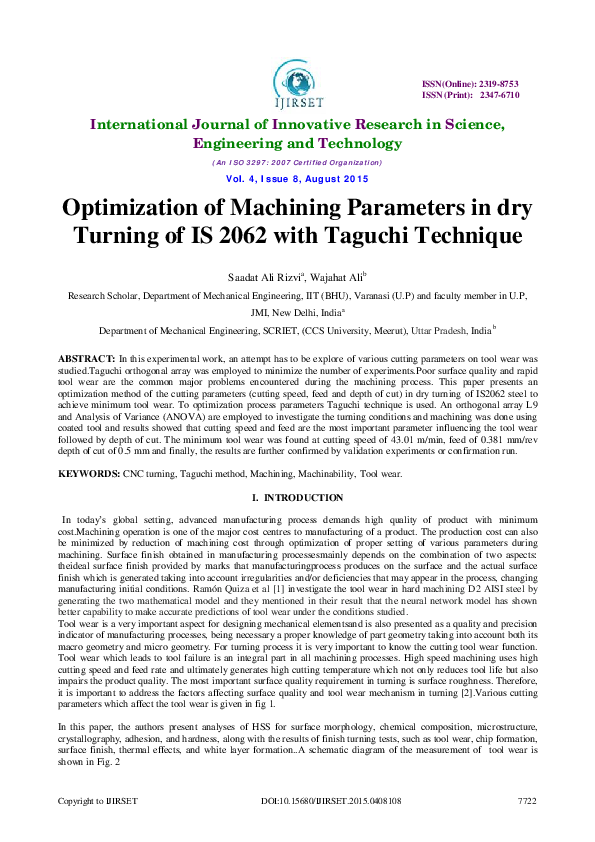 (PDF) Optimization of Machining Parameters in dry Turning of IS 2062 ...