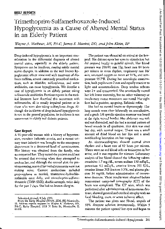 (PDF) TrimethoprimSulfamethoxazoleInduced Hypoglycemia as a Cause of
