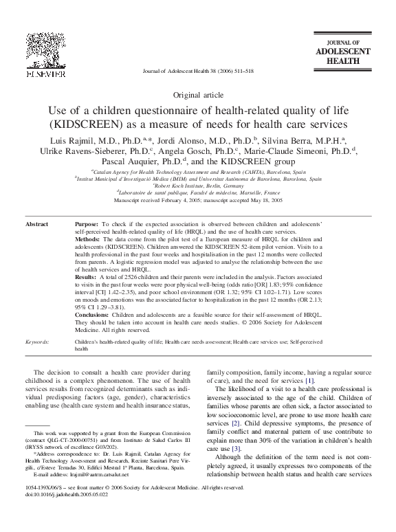 (PDF) Use of a children questionnaire of health-related quality of life ...