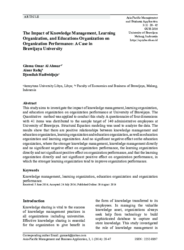 (PDF) The Impact of Knowledge Management, Learning Organization, and ...