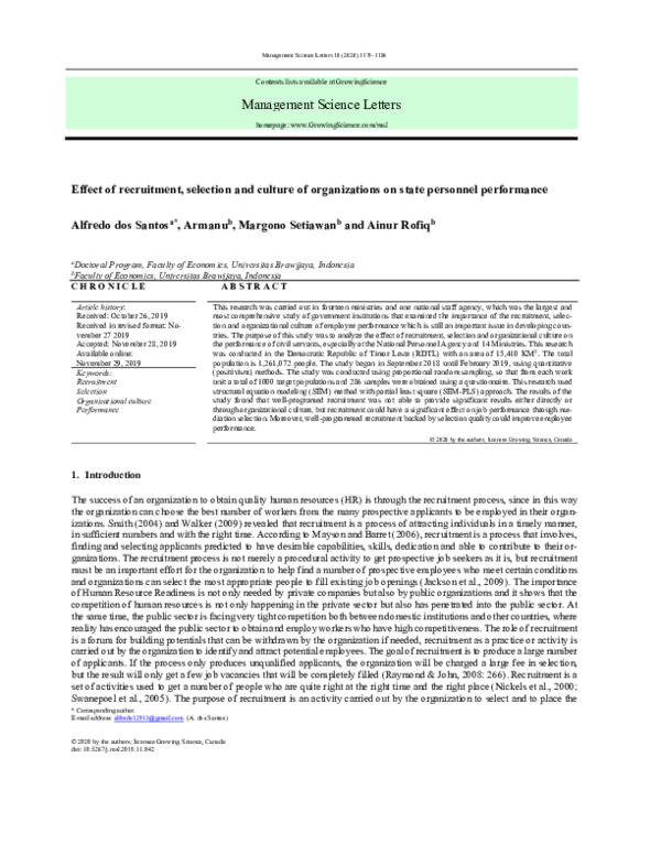 (PDF) Effect of recruitment, selection and culture of organizations on ...