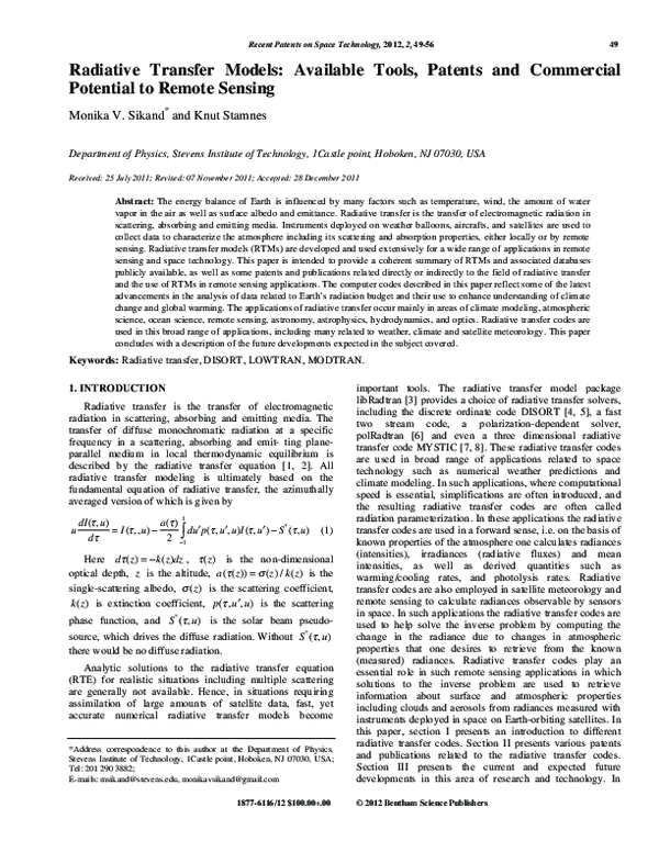 (PDF) Radiative Transfer Models: Available Tools, Patents and ...