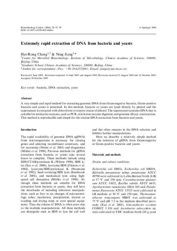 (PDF) Extremely Rapid Extraction of DNA from Bacteria and Yeasts