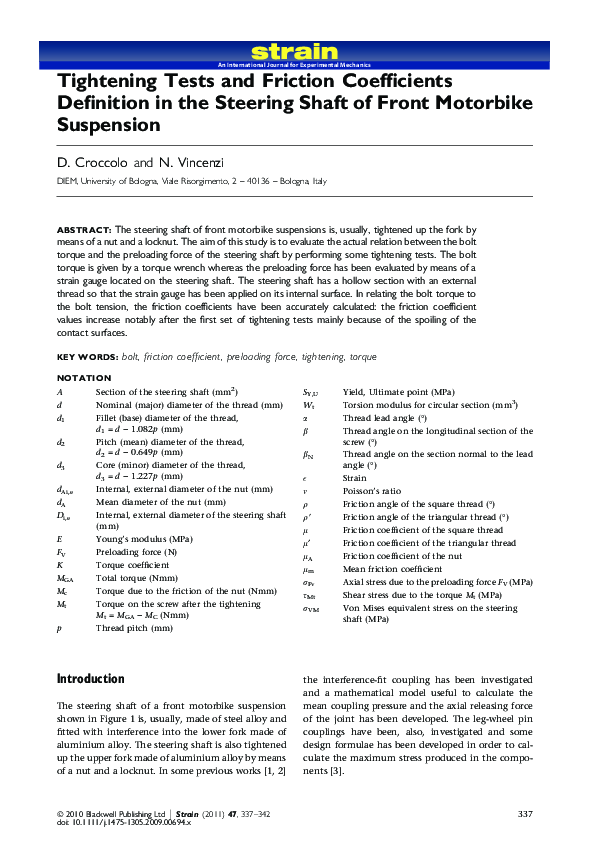 (PDF) Tightening Tests and Friction Coefficients Definition in the