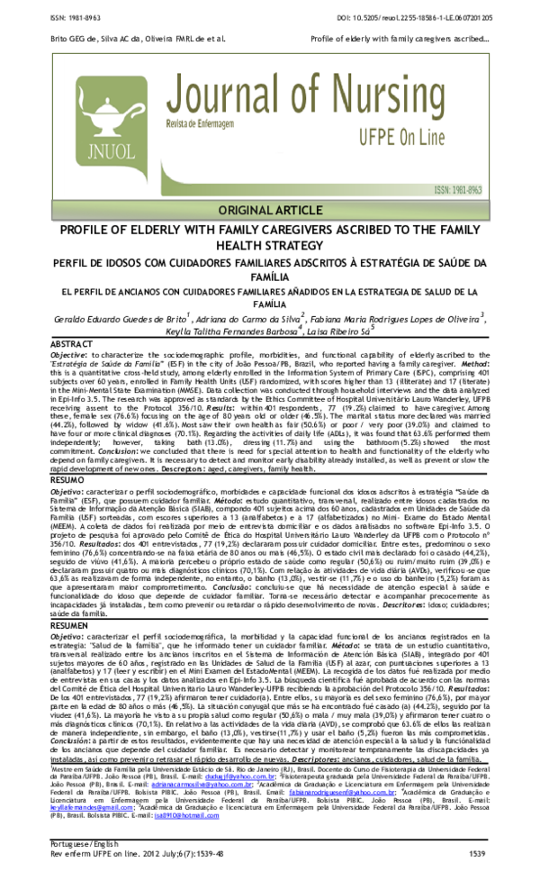 (PDF) Profile of elderly with family caregivers ascribed to the family ...