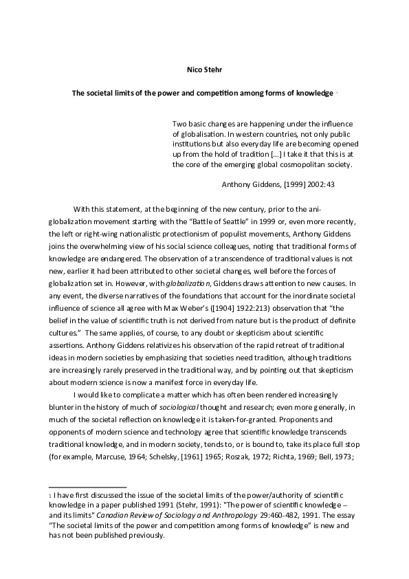 (DOC) Stehr Nico The limits and competition among forms of knowledge ...