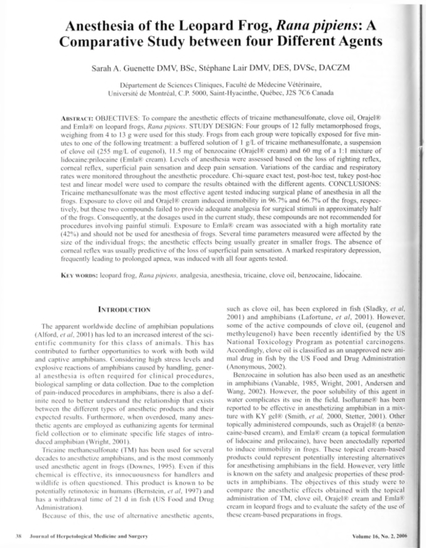 (PDF) Anesthesia of the Leopard Frog, Rana pipiens: A Comparative Study ...